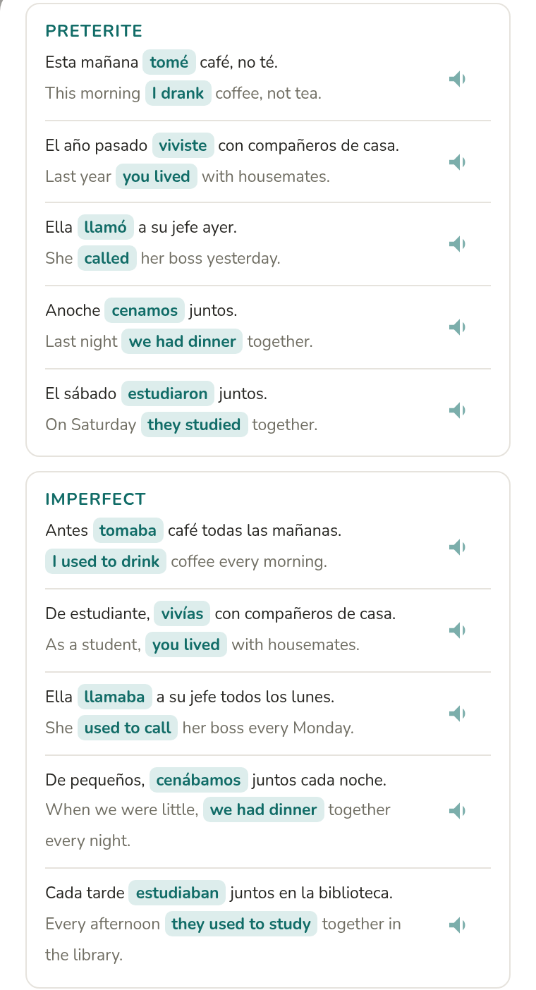 nemiria's Compare tenses view showing the Preterite block and the Imperfect block one after another, each with the same five example sentences and their English underneath.